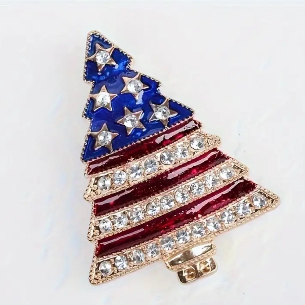 Patriotic Christmas Tree Brooch, USA Holiday Lapel Pin, Rhinestones, Red, Blue